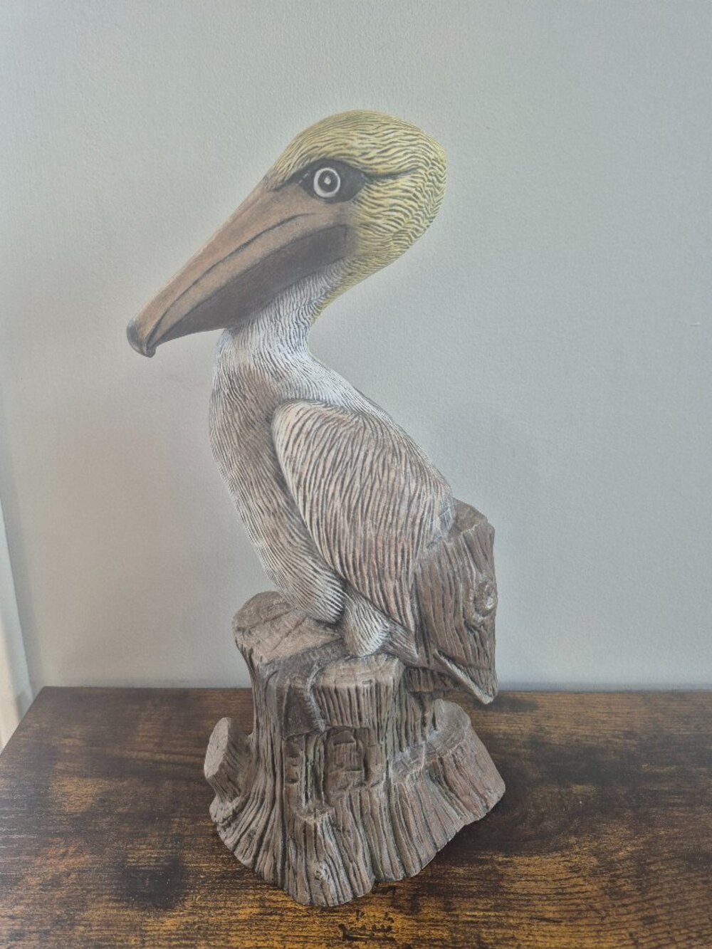 Vintage Hand Painted Pelican Sitting on Wood